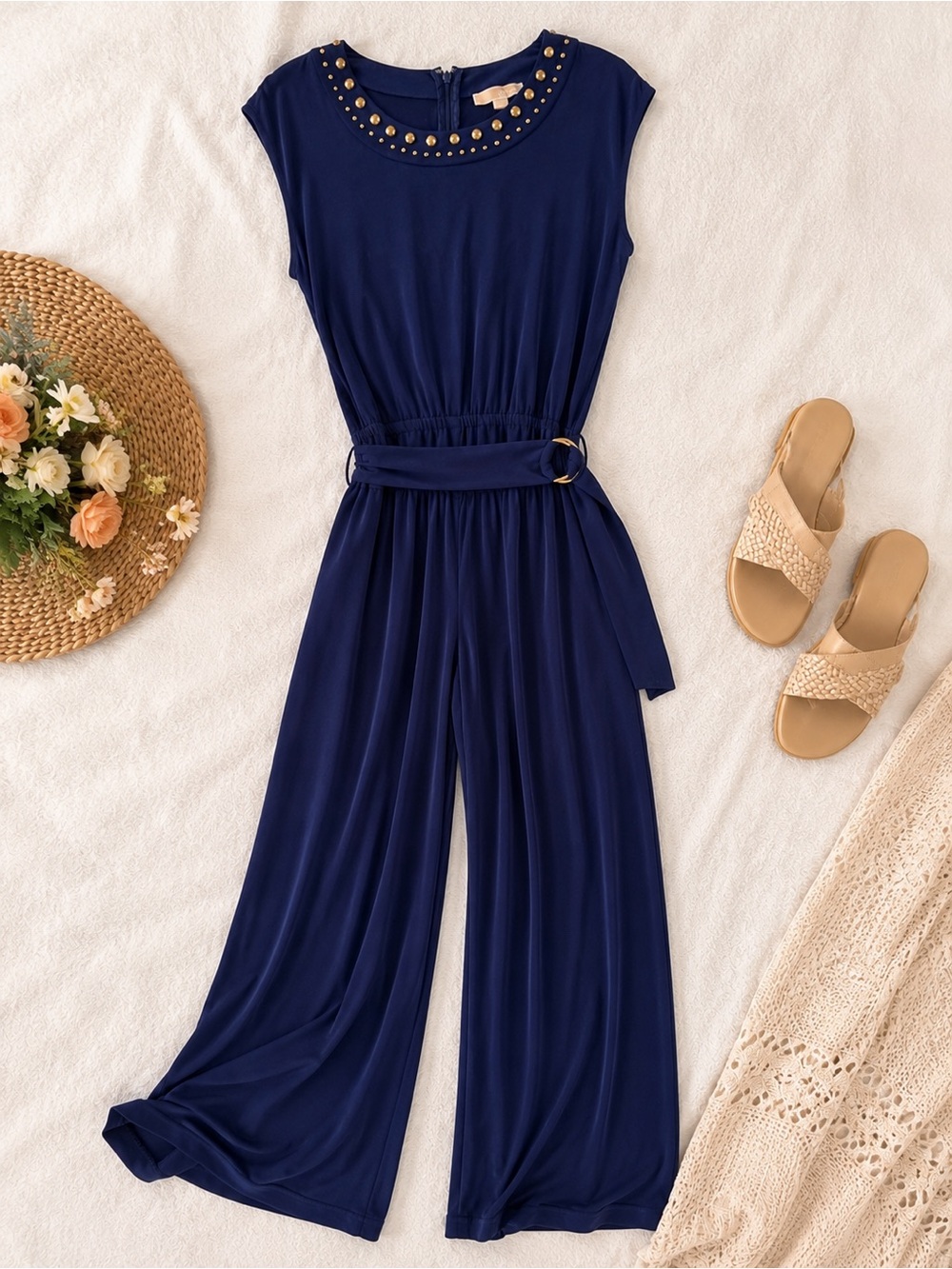Michael Kors Navy Sleeveless Wide-Leg Jumpsuit with Belt & Studded Neckline